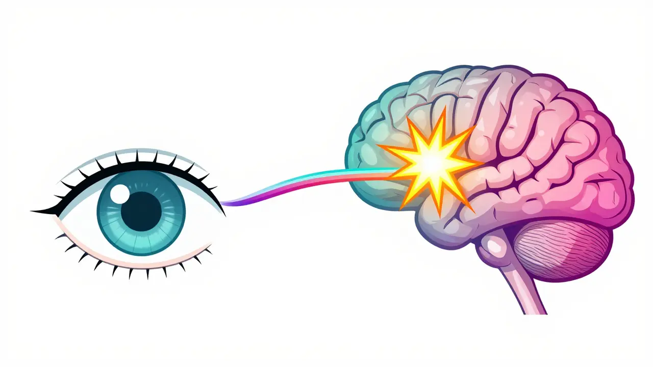 Konseptuell tegning av øyet og hjernen som viser lysfølsomhet og nervesignaler.