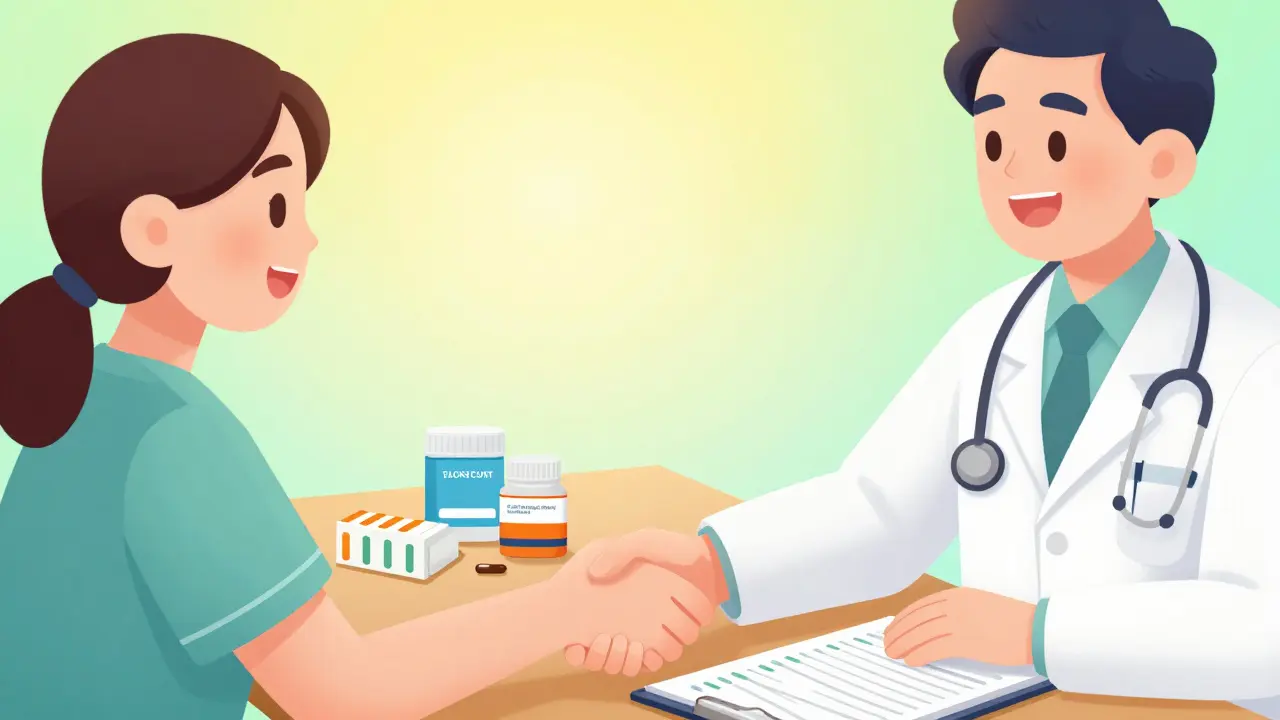 Pasient og lege i et samarbeid med medisinbokser og symptomdagbok på bordet.