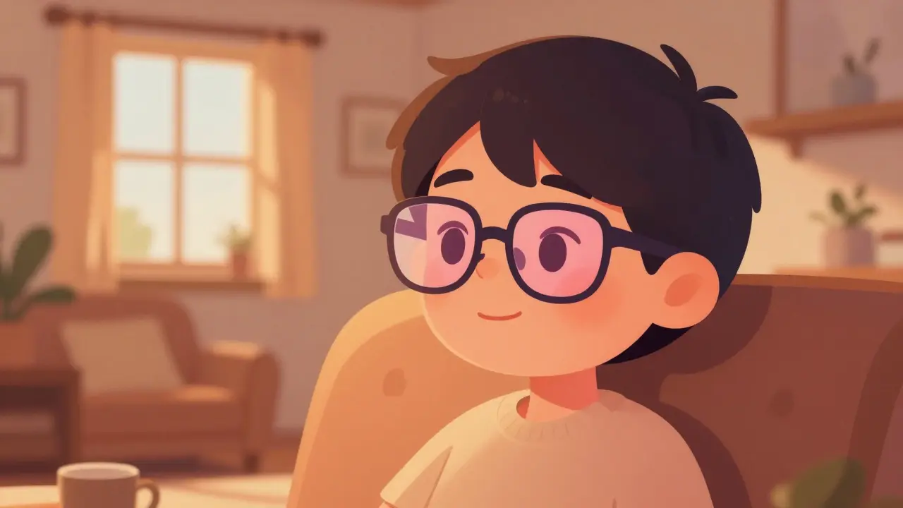 Person med FL-41 filterbriller i et rom med varm og dempet belysning.