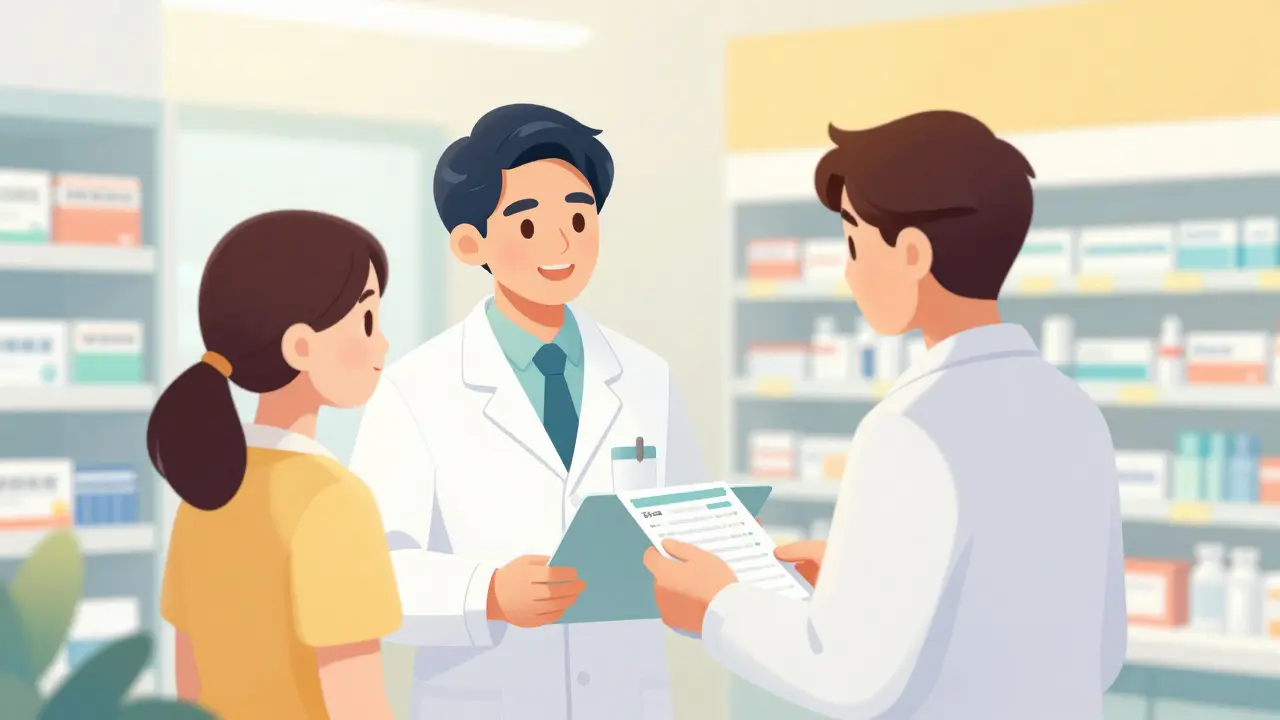 Samtale mellom pårørende og farmasøyt på et lyst apotek