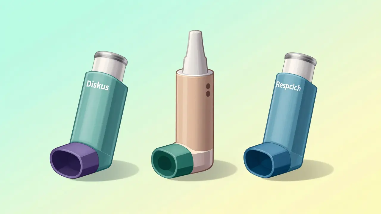 Tre ulike typer inhalatorer vist i en moderne illustrasjonsstil med myke fargeoverganger