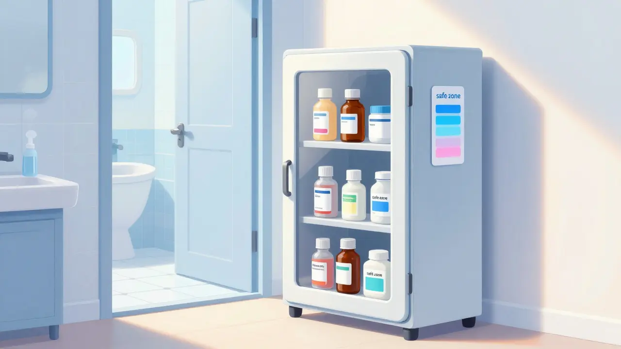 Trygg oppbevaring av medisiner høyt oppe i rommet, borte fra bad og sol