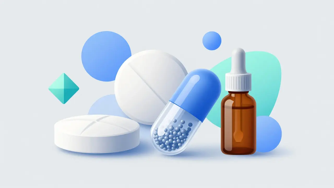 Ulike former for Topiramat, inkludert tabletter, kapsler og flytende form.