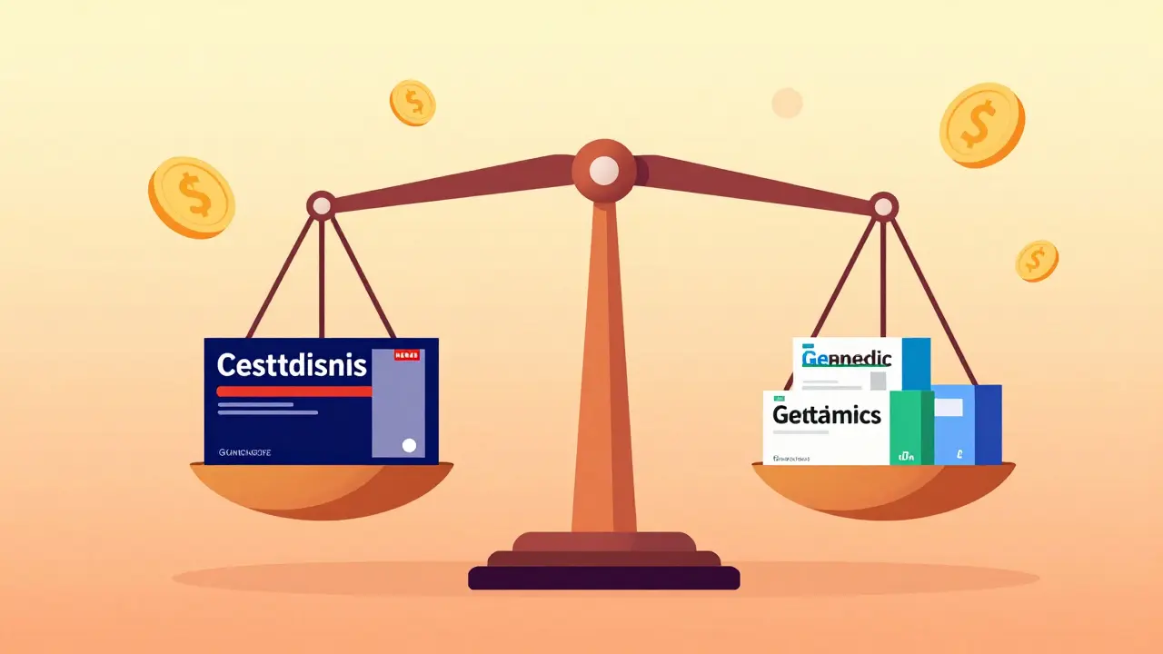 En vektskål som balancerer dyre og billige medisiner, illustrert i gradient