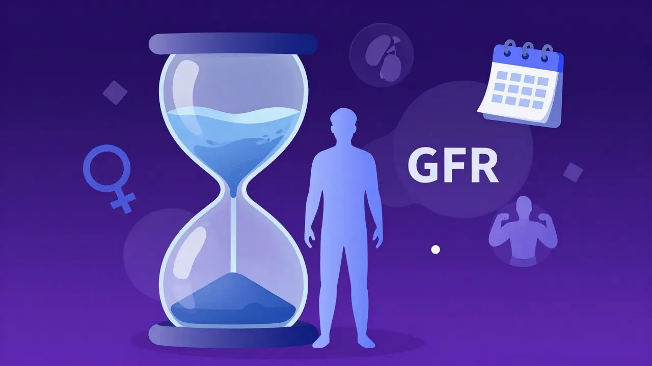 Illustrasjon av GFR-beregning med timeglass og datapunkter i lilla gradient.