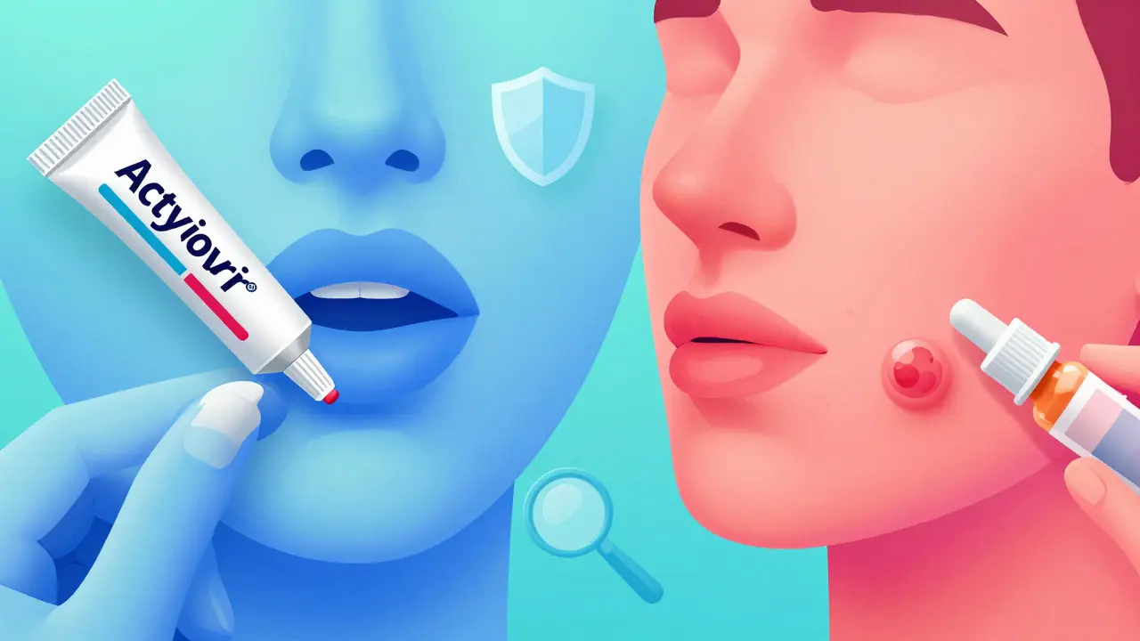 Konseptkunst som viser riktig behandling for herpes og akne med kremer
