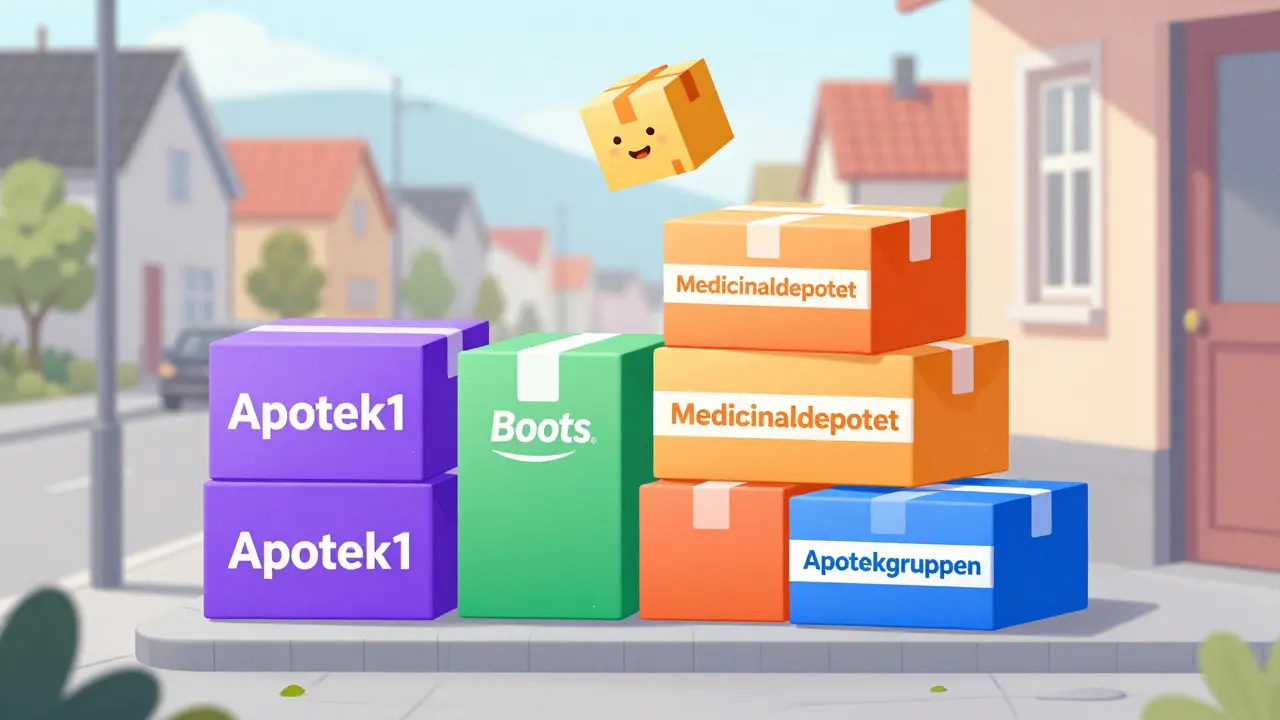 Fargede pakker fra ulike norske apoteker på en dørstokk